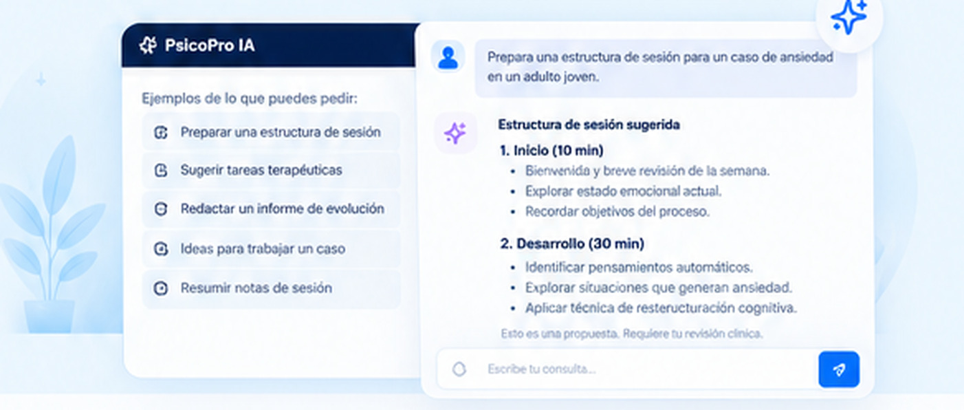 Vista ilustrativa del Asistente IA de PsicoPro con propuestas de sesiones para revision profesional