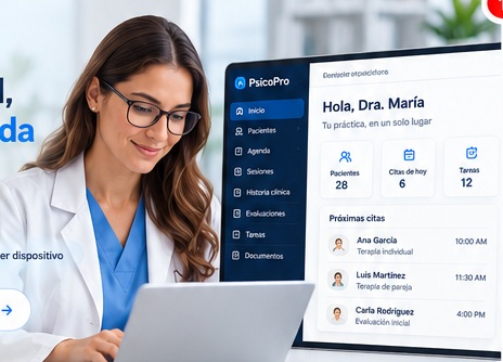 Profesional de la salud trabajando con una plataforma clínica, imagen ilustrativa